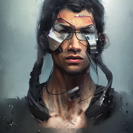 Image similar to portrait of a cyborg by greg rutkowski, he is about 3 0 years old, indian, very tall and slender, messy long black hair, he is wearing a black t - shirt, highly detailed portrait, digital painting, artstation, concept art, smooth, sharp foccus ilustration, artstation hq
