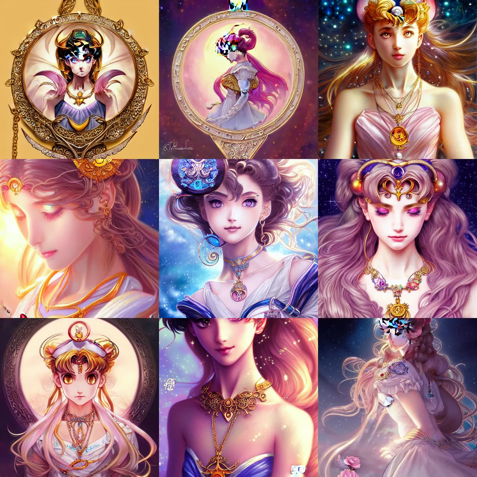 Prompt: beautiful detailed sailor moon aesthetic, a very beautiful detailed necklace with a sun, beautiful detailed fantasy, beautiful detailed intricate, beautiful detailed elegant, highly detailed, beautiful detailed digital painting, artstation, beautiful detailed concept art, matte, sharp focus, beautiful detailed illustration, highly detailed art by Artgerm and Greg Rutkowski and Alphonse Mucha