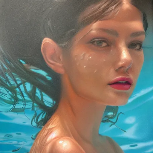 Image similar to hyperrealism oil painting, fashion model portrait underwater