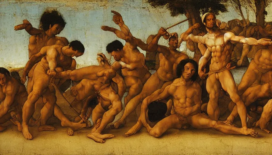 Prompt: capoeira, painting by leonardo da vinci