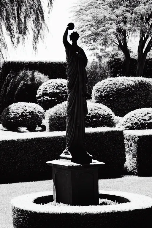 Image similar to A black and white garden with a red statue