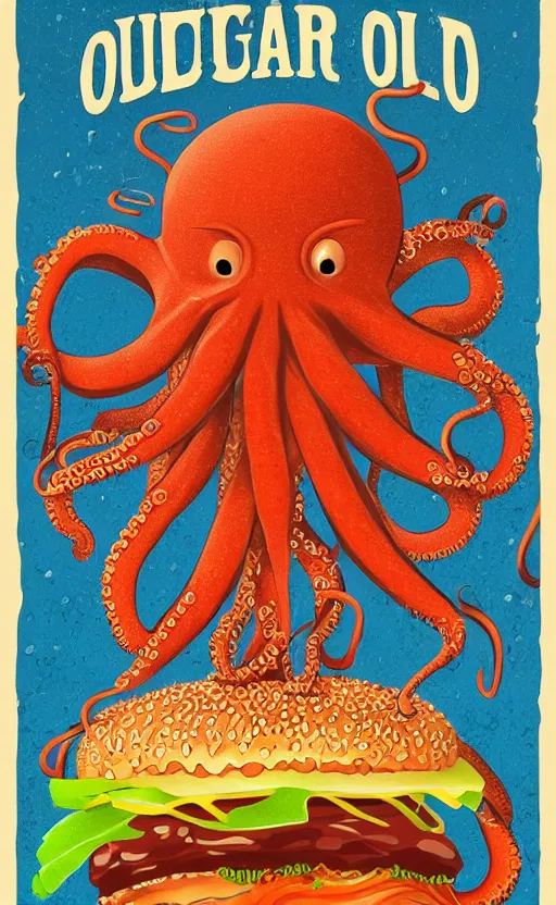 Image similar to highly detailed illustration of octopus holding hamburger, tentacles encircling a hamburger, poster, symmetrical, 8 k, trending