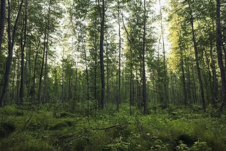 Prompt: beautiful swedish forest view, highly detailed, intricate, soft lighting, very wide shot