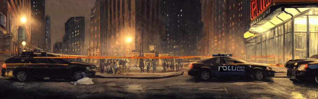 Image similar to a police crime scene at night on the streets of new york. epic cinematic hyperrealism masterpiece. realistic poster with shaded lighting by craig mallismo, artgerm, jeremy lipkin and michael garmash, unreal engine, radiant light, detailed and complex environment, digital art, art station trends, detailed faces, detailed eyes