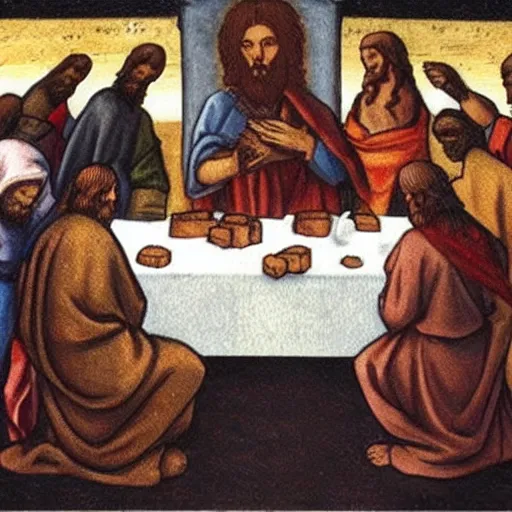Prompt: jesus and some cats trade pokemon cards in davinci's last supper