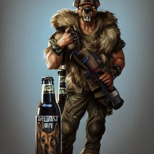 Image similar to a humanoid german shepherd beast - man in military style, holding a bottle of beer, artstation, concept art, smooth, sharp foccus ilustration, artstation