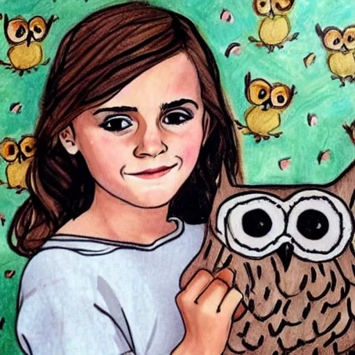 Image similar to childrens drawing of emma watson with owls,