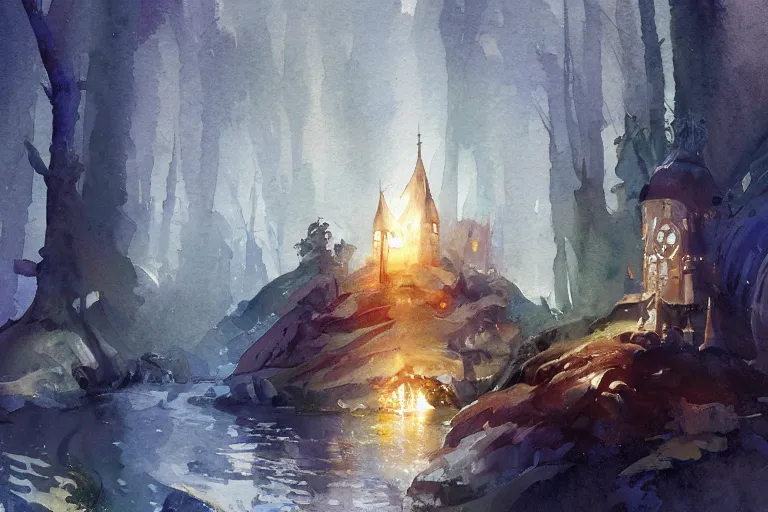 Image similar to small centered on watercolor paper, paint brush strokes, abstract watercolor painting of forest of diamonds, viking age religious temple, glow and sparks, cinematic light, national romanticism by hans dahl, by jesper ejsing, by anders zorn, by greg rutkowski, by greg manchess, by tyler edlin, by craig mullins