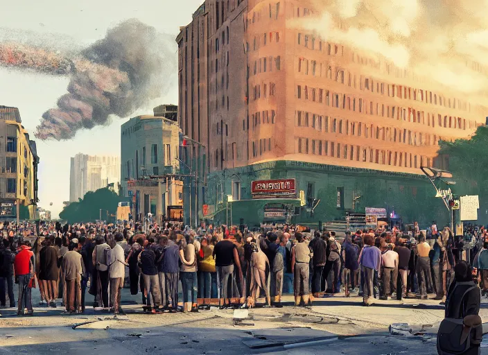 Image similar to crowd of working citizens protests while missles and bombs explode residential buildings, DSLR 35mm, by Edward Hopper and Dan Mumford and WLOP and Greg Rutkovsky, Unreal Engine 5, Lumen, Nanite