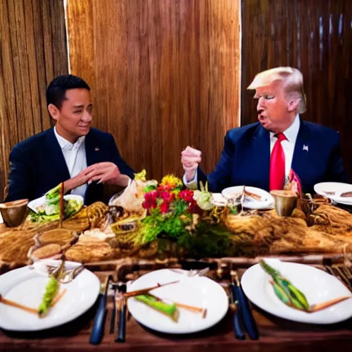 Image similar to Trump and Biden having dinner at a fancy Balinese restaurant, award winning photography, 85mm, perfect faces