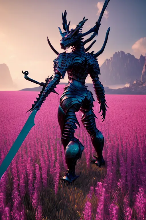 Prompt: high quality 3 d neo - gothic armored human dragon hybrid with sword in a field of pink flowers, highly detailed unreal engine, vitaly bulgarov dramatic dark teal light, ground angle hd 8 k, sharp focus