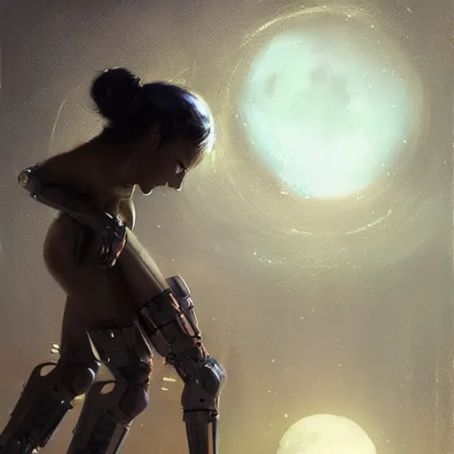 Image similar to A female cyborg kissing their lover, silhouetted by a gigantic Moon, fantasy art by Greg Rutkowski