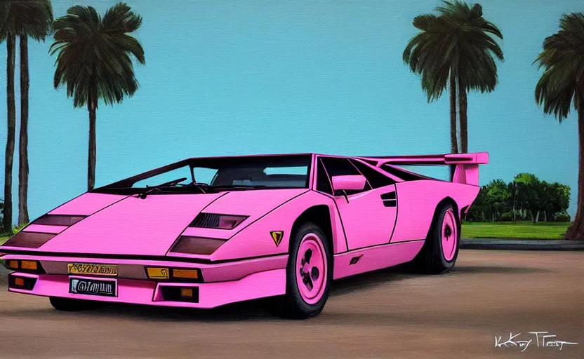 Image similar to lamborghini countach with doors open. palm trees and pink sky in the background. art by krzysztof tanajewski