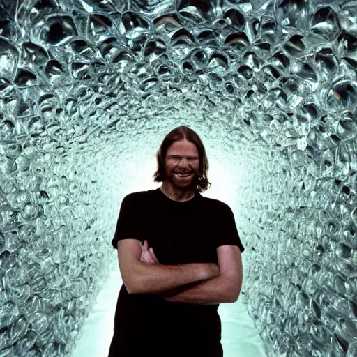 Image similar to Aphex Twin in a crystal cave, photo, 4k