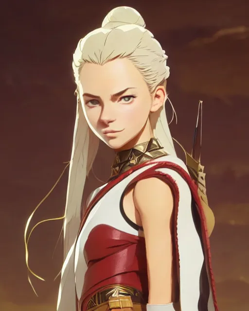 Image similar to corinna kopf as an azctec warrior, detailed perfect face, exquisite details, fire magic, mid view, design on a white background, by studio muti, greg rutkowski makoto shinkai takashi takeuchi studio ghibli