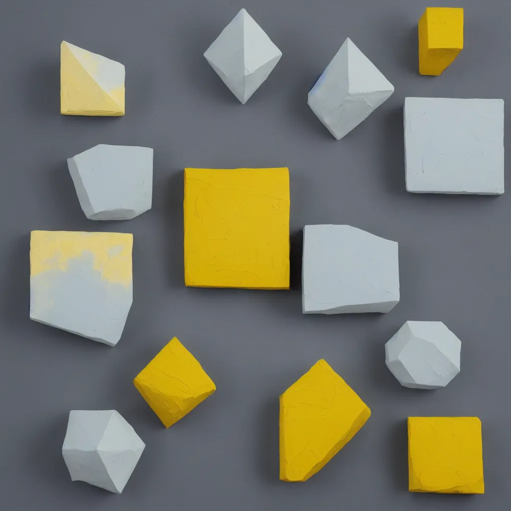 Image similar to 3 dimensional solid large geometric 3 d shapes made of solid impasto oil paint, with strong top right lighting creating shadows, colours cream naples yellow and blue - grey