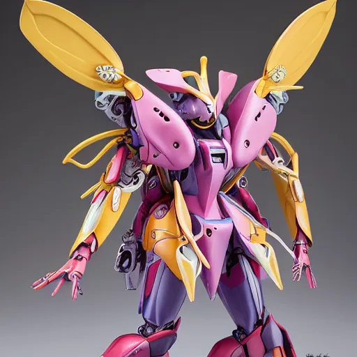 Image similar to futuristic nymphaea themed mecha waterlily upper body, large sepal forming helmet, highly detailed, nymphaea, 8 k hd resolution, barbatos gundam with floral inlay, bandai box art, tristan eaton, makoto kobayashi, frank gehry, raymond swanland