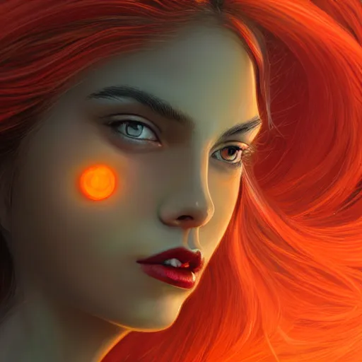 Prompt: epic portrait an beautiful mars goddess, glossy skin, red lips, pretty face, flowing orange long hair, glowing orange eyes, mars landscapes, sun in the backround, digital painting, artstation, concept art, soft light, hdri, smooth, sharp focus, illustration, fantasy, intricate, elegant, highly detailed, D&D, matte painting, in the style of Greg Rutkowski and Alphonse Mucha and artemisia, 8k, highly detailed, jurgens, rutkowski, bouguereau, pastoral, rustic, georgic