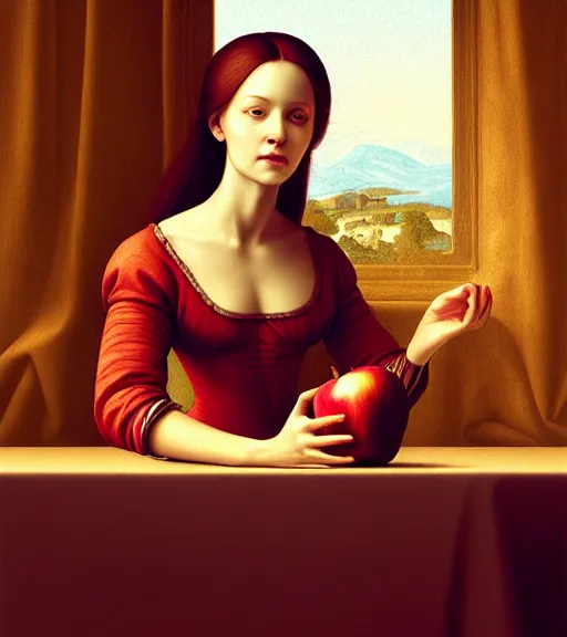 Prompt: portrait of a woman with an apple sitting upon a table with heightened detail, poised, intense emotion, detailed facial expression, detailed surroundings, intricate, elegant, highly detailed, centered, digital painting, artstation, concept art, smooth, sharp focus, illustration, by ( leonardo da vinci ), wlop