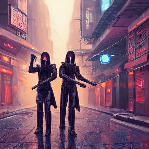 Image similar to An android wielding two katanas in a cyberpunk setting by Evgeny Lushpin, Trending on Artstation, 1980s computer graphics,