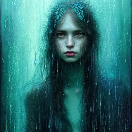 Image similar to girl in rain with wet hair and face, teal, fantasy, intricate, elegant, dramatic lighting, emotionally evoking symbolic metaphor, highly detailed, lifelike, photorealistic, digital painting, artstation, concept art, smooth, sharp focus, illustration, art by John Collier and Albert Aublet and Krenz Cushart and Artem Demura and Alphonse Mucha