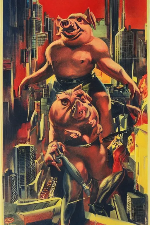 Prompt: photorealistic picture, movie poster by bob peak and alex ross about pig man save the city, fine details, highly detailed, intricate, fine facial proportionate, fine body proportionate, smooth sharp focus