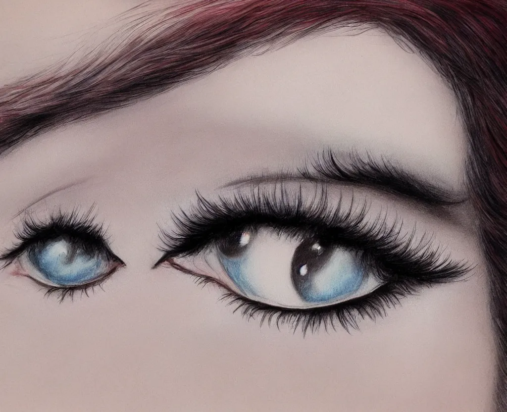 Prompt: realistic and detailed soft airbrush of female eye with eyeliner and long lashes on white background, inspired by 8 0's airbrush illustrations, art by pater sato