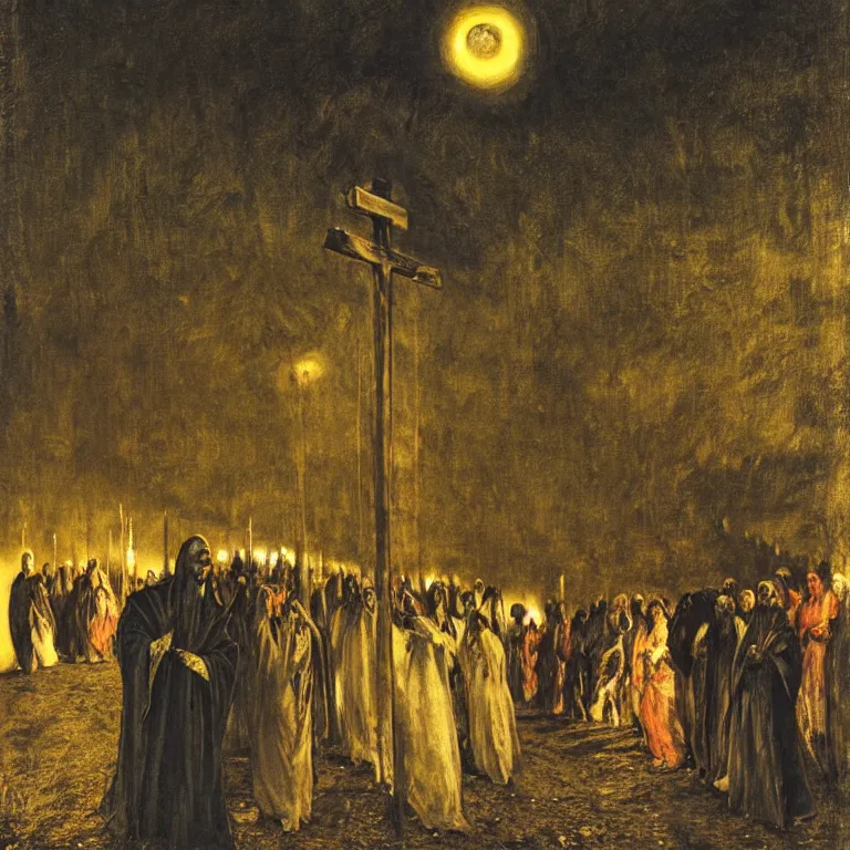 Image similar to A Holy Week procession of souls in a Spanish landscape at night. A figure at the front holds a cross. El Greco, John Atkinson Grimshaw.