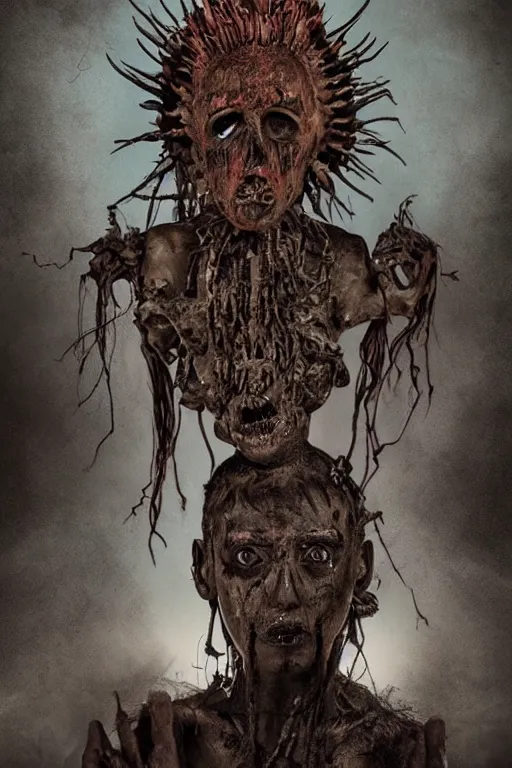 Prompt: a tribal horror faces in the eternal dream of death body, conceptual horror art