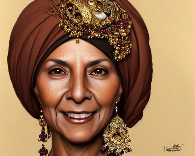 Prompt: mindblowing portrait of an elegant tan woman in her 5 0 s, ornate turban, brown eyes, ruby and gold jewelry, really big smile, deep focus, symmetrical face, d & d, fantasy, intricate, highly detailed, artstation, concept art, matte, sharp, illustration, hearthstone, digital painting by artgerm, greg rutkowski, alphonse mucha