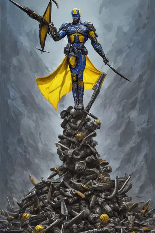 Image similar to a distant shot of a super soldier with blue and yellow flag and a trident symbol standing alone on a huge pile of skulls as a winner, masculine figure, D&D, fantasy, intricate, elegant, highly detailed, extremely detailed, digital painting, artstation, concept art, matte, smooth, sharp focus, illustration, art by Artgerm and Greg Rutkowski and Alphonse Mucha