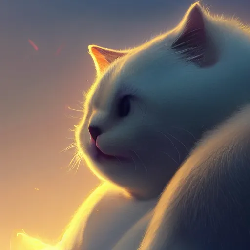 Prompt: a beautiful fat lady cat creature is feeling very very hungry. close - up, beautiful sky, volumetric lighting, sharp focus, ultra detailed, cgsociety