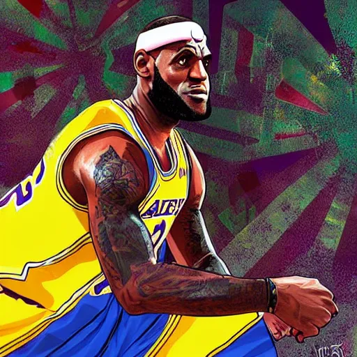 Image similar to lebron james, gta v cover art, art by stephen bliss