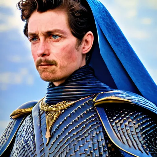 Image similar to paul atreides from dune, bright blue eyes, pensive, wearing still suit, sleek futuristic armor, cape, mughal art, farrukh beg, abd al - samad, mir sayyid ali.