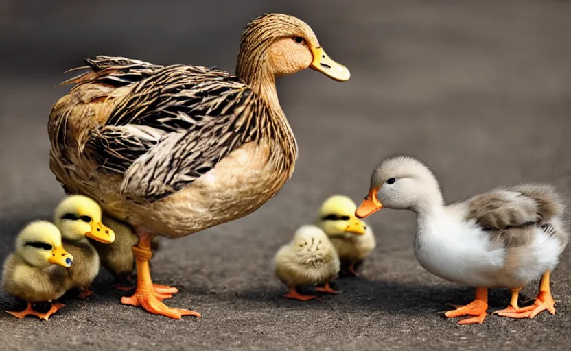 Image similar to a crossbreed of chicken and a duck, with chicks, photo