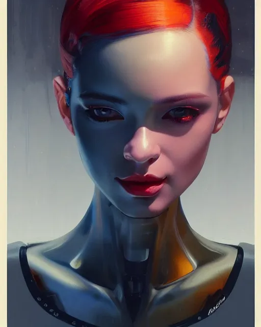 Image similar to dark portrait of a half - robot woman with cute - fine - face, pretty face, multicolored hair, realistic shaded perfect face, fine details by realistic shaded lighting poster by ilya kuvshinov katsuhiro otomo, magali villeneuve, artgerm, jeremy lipkin and michael garmash and rob rey