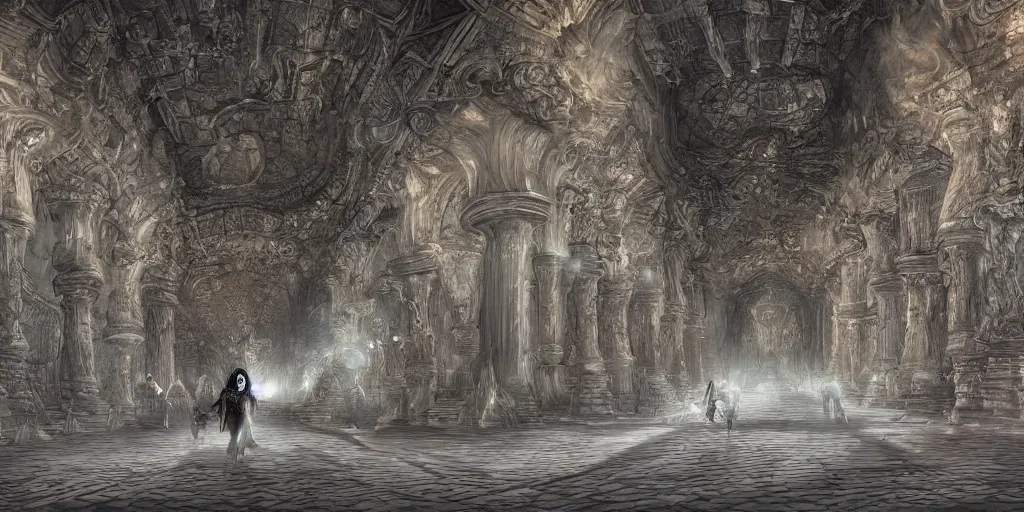 Prompt: fantasy demon walk through a monumental extremely large hall, long shot, digital art
