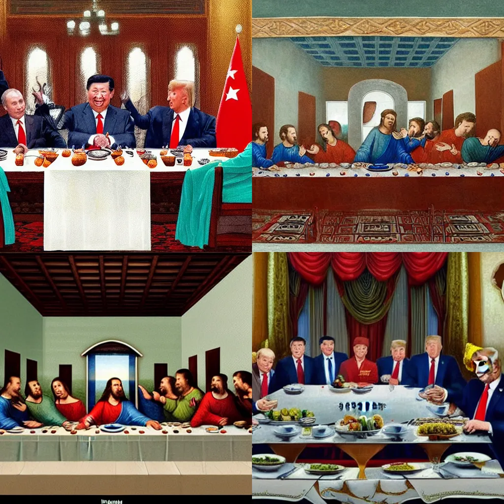 Prompt: the last supper with putin, trump, tomas maduro, xi jinping, Kim Jong-un