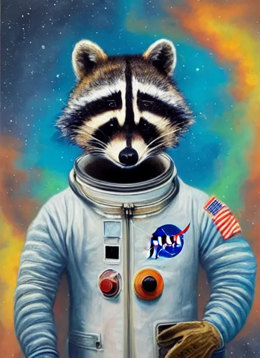 Prompt: heroic nasa portrait of a raccoon astronaut, oil on canvas, colorful, hyper detailed, photorealistic