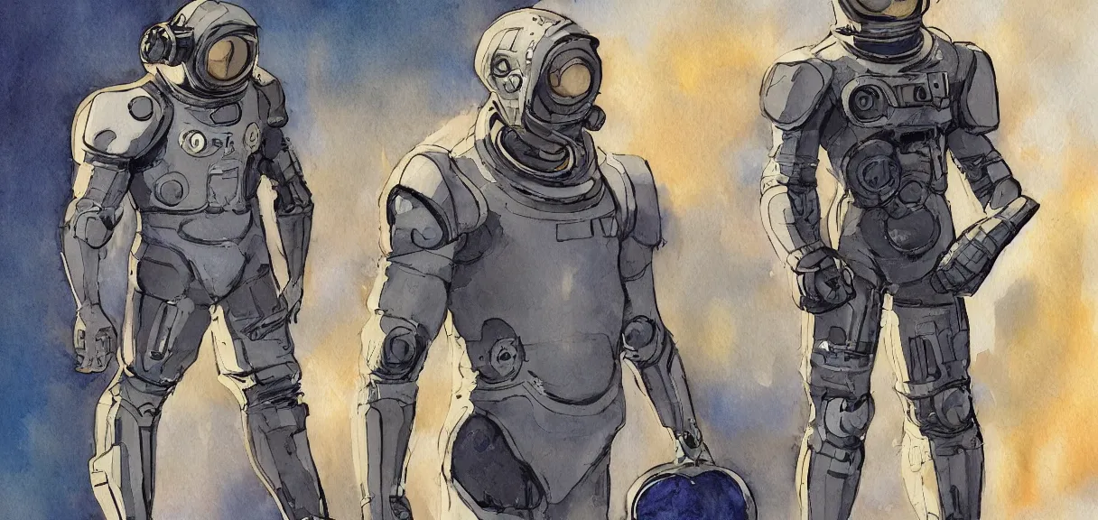 Prompt: male, full body!!!!!!, space suit with a modern helmet, large shoulders, short torso, long thin legs, tiny feet, character sheet, science fiction, very stylized character design, hyperdetailed, watercolor digital painting, by mike mignola, by alex maleev, jean giraud, painted by leyendecker
