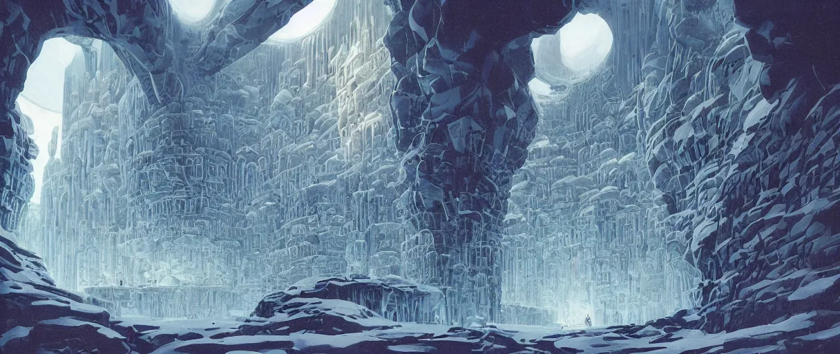 Prompt: A beautiful illustration of a domed utopian retro futuristic city built in a massive ice cavern looking out to another world by Robert McCall | sparth:.3 | Time white:.3 | Rodney Matthews:.3 | Graphic Novel, Visual Novel, Colored Pencil, Comic Book:.2 | unreal engine:.6 | first person perspective:.6 |establishing shot:.7