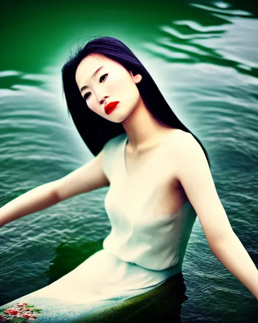 Image similar to wide angle closeup shot, flash long exposure photography of asian woman fashion posing in the lake, russian modern photoshoot, digital illustration by ruan jia, sharp focus, high details