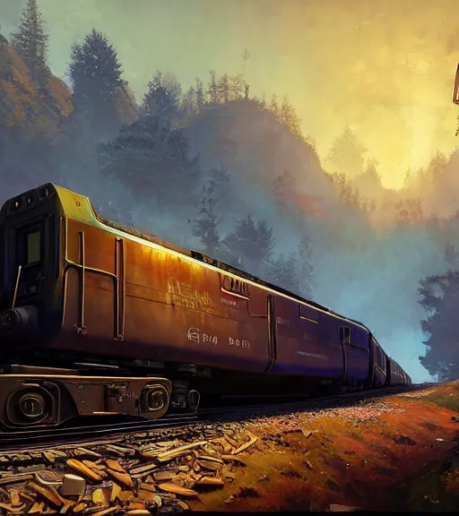 Image similar to highly detailed train in gta v, stephen bliss, unreal engine, fantasy art by greg rutkowski, loish, rhads, ferdinand knab, makoto shinkai and lois van baarle, ilya kuvshinov, rossdraws, tom bagshaw, global illumination, radiant light, detailed and intricate environment