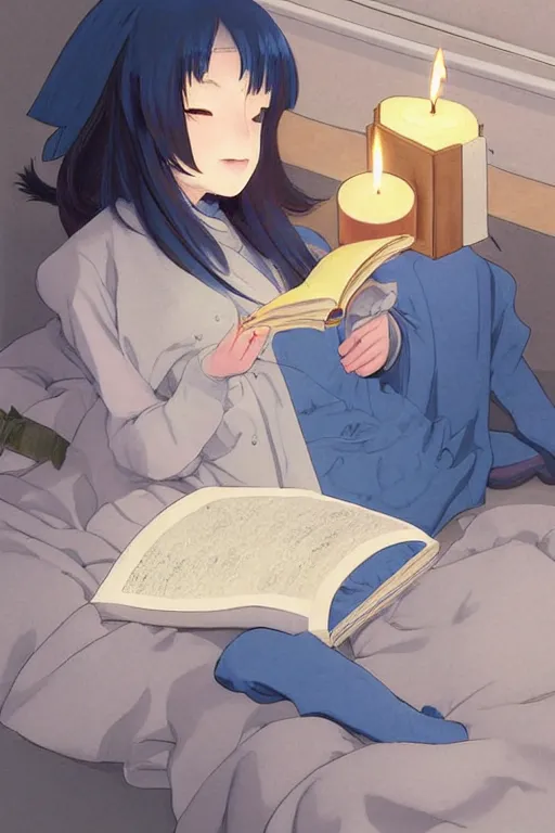 Image similar to a digital painting of a girl in Japanese high school uniform reading a book with a cat and candle in A comfortable bed room at midnight,blue and grey theme,JK uniform ,Hairdryer,blue theme,S line, by krenz cushart and mucha and range murata and greg rutkowski