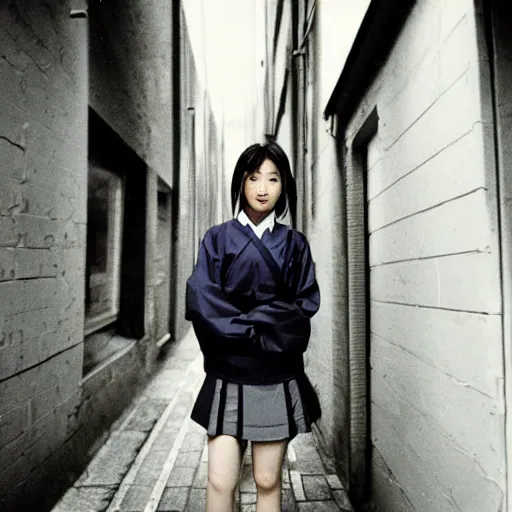 Prompt: 1990s perfect 8K HD professional photo of close-up japanese schoolgirl posing in sci-fi dystopian alleyway, at instagram, Behance, Adobe Lightroom, with instagram filters, depth of field, taken with polaroid kodak portra