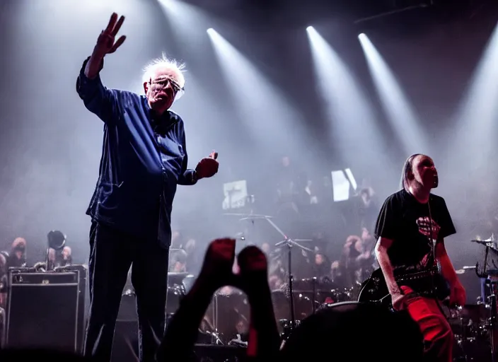 Image similar to publicity photo still of bernie sanders in a death metal band playing live on stage, 8 k, live concert lighting, mid shot