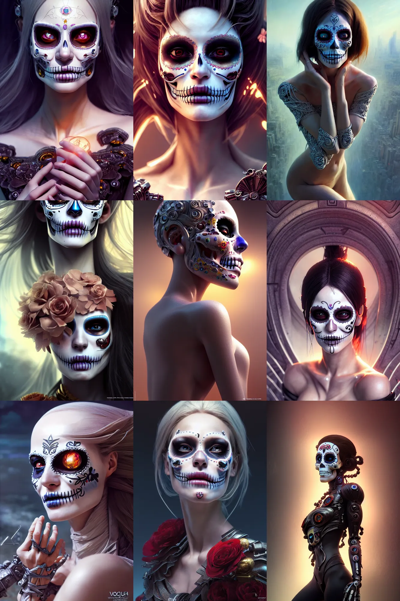 Prompt: crying! android! woman, octane render, emotional, fantasy, manga, concept art, pose, photorealistic, cover shot, intricate detailed environment. vogue, ( ( ( el dia los muertos ) ) ), 8 k, hd. by terry o'neill and artgerm and wlop and loish and rutkowski and mucha