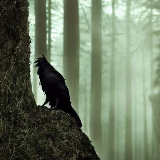 Image similar to werecreature consisting of a crow and a human, photograph captured in a dark forest