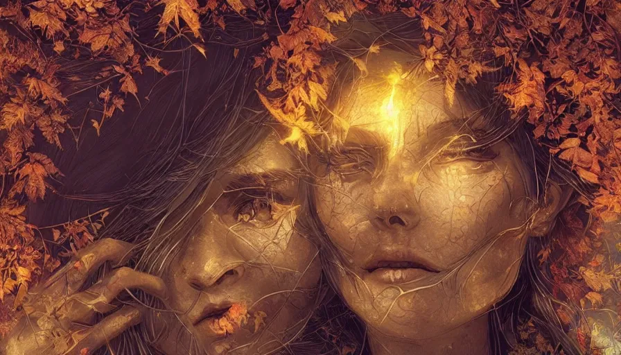 Prompt: golden leaves at frame border, creative!!! composition for a book cover!!!, absurdly beautiful, ultrafine hyperrealistic detailed old!! witch face by wlop and max liebermann and albert bierstadt, intricate linework, sharp focus, smooth, octopath traveler, final fantasy, unreal engine, dramatic lighting, ethereal, 8 k