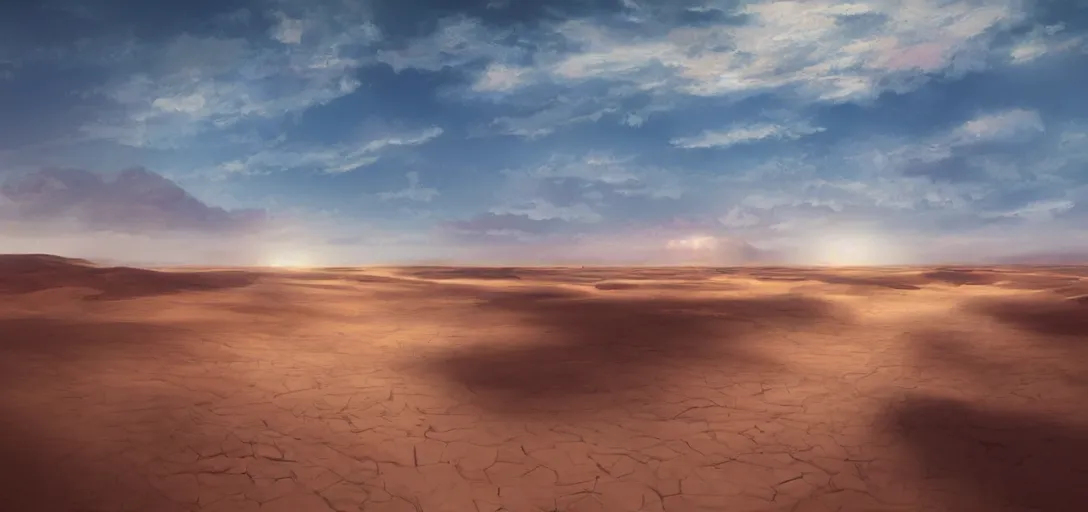 Prompt: a trail of softly glowing cloud leading the way across a desert, volumetric lighting, surreal flat colors, concept art